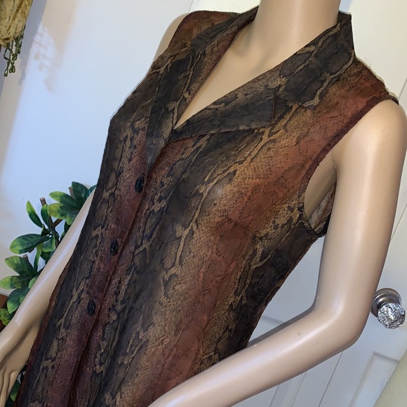 Vintage 80s Reptile snake print sheer chiffon sleeveless maxi VEST Shirt top S M - Picture 2 of 13